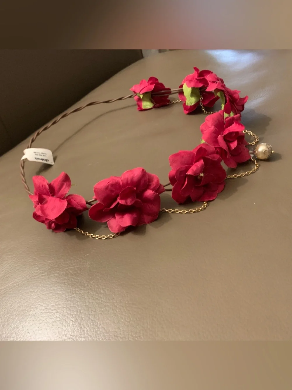 Red Flower🌹 Crown 👑Headband with Gold Chain and Pearl Accent-Adjustable/Bendable